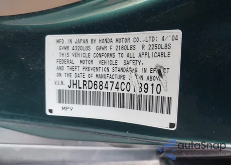 2004 Honda Cr-V Lx from USA, damaged, VIN JHLRD68474C013910